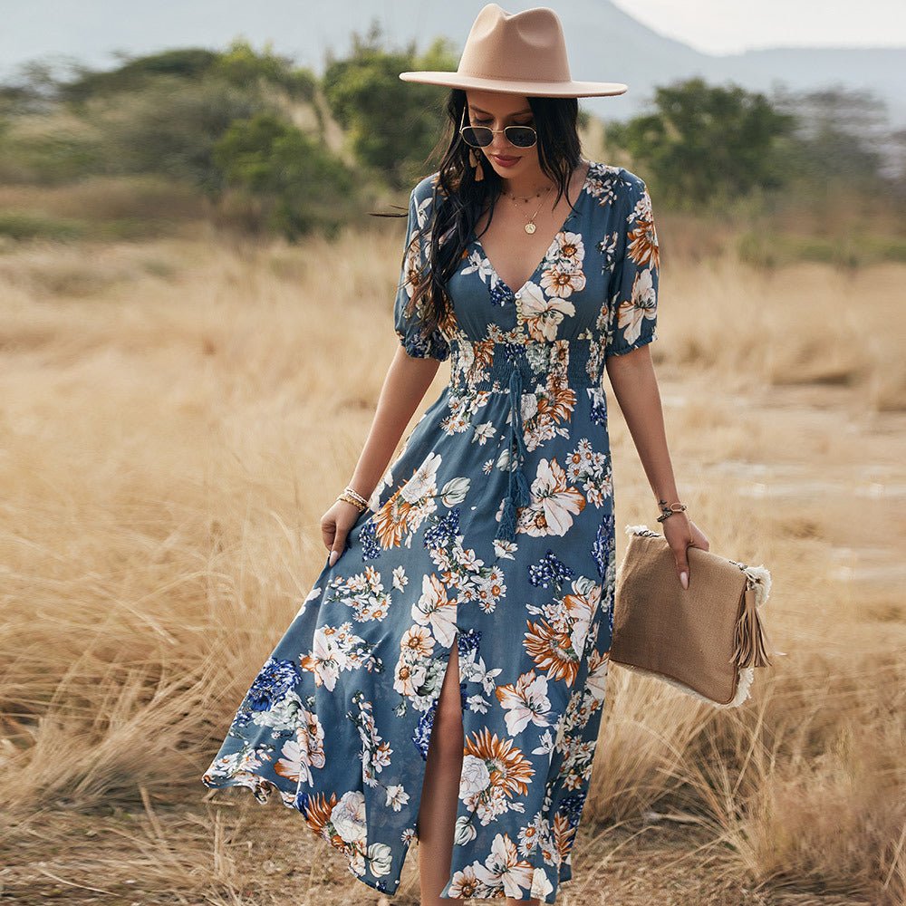 Floral Summer Beach Dress With V Neck Elastic Waist Dresses For Women - PratSN