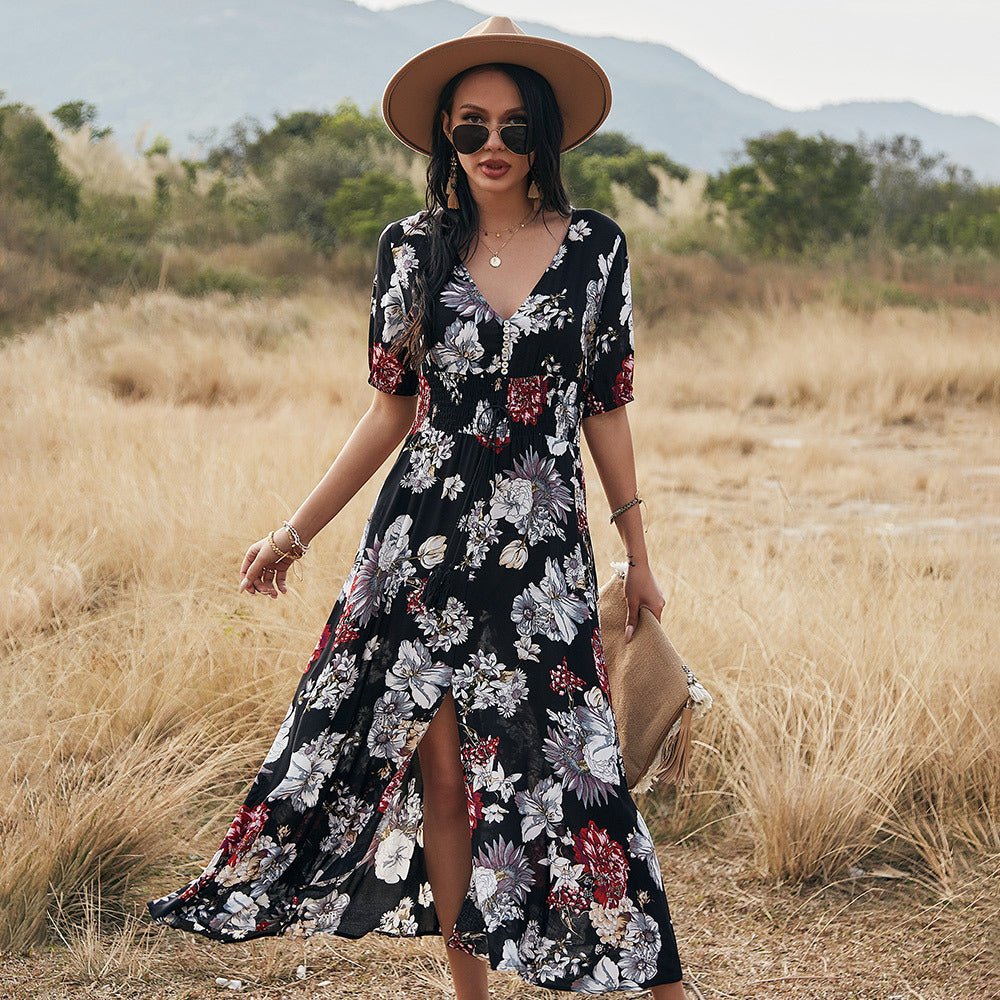 Floral Summer Beach Dress With V Neck Elastic Waist Dresses For Women Blue / XL Floral Summer Beach Dress With V Neck Elastic Waist Dresses For Women Blue / XL