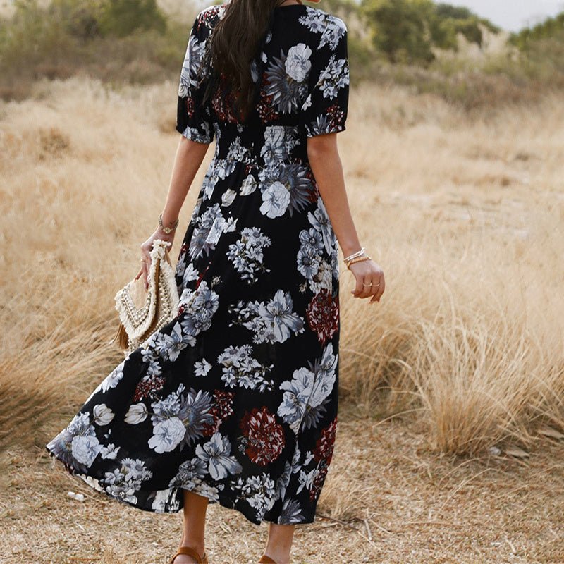 Floral Summer Beach Dress With V Neck Elastic Waist Dresses For Women - PratSN