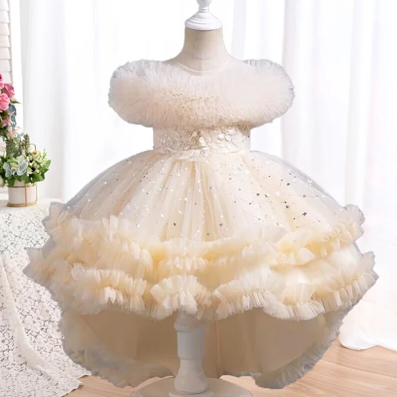Flower girl wedding party ball tailed Print Dress Girl Birthday party high collar dress girl Dinner Dress - PratSN
