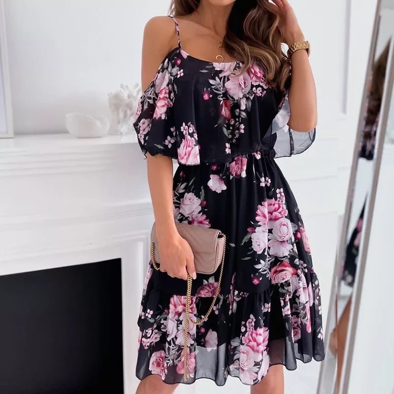 Flower Printed Ruffled Suspender Dress Summer Off - the - shoulder Strap Dresses Women - PratSN