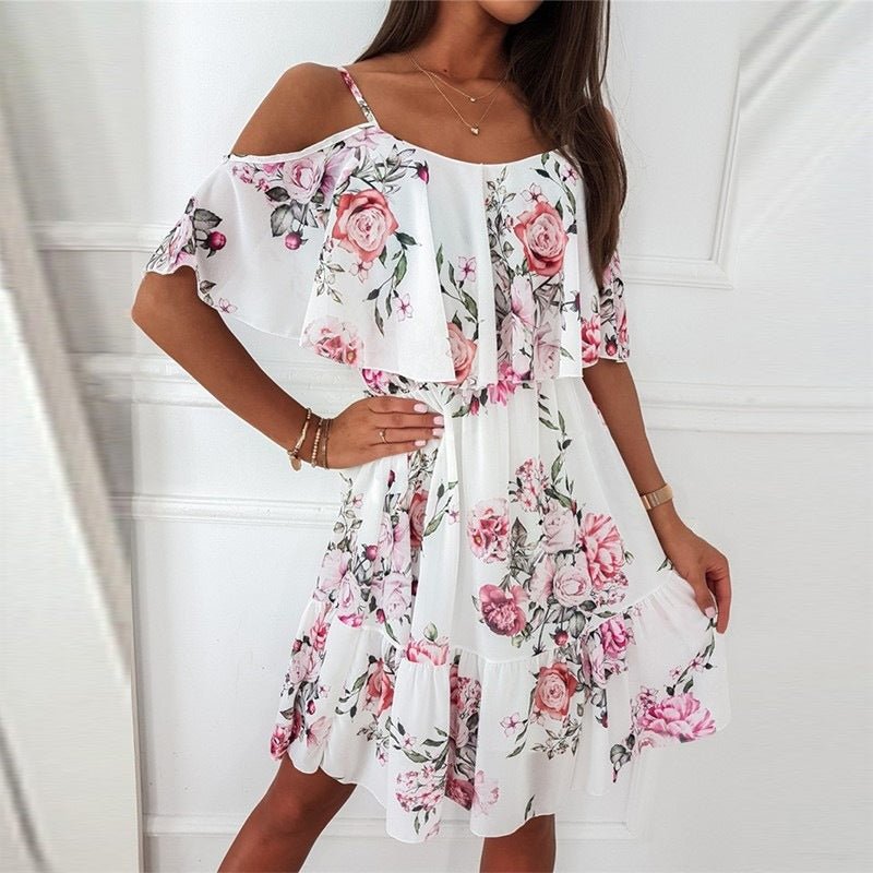 Flower Printed Ruffled Suspender Dress Summer Off - the - shoulder Strap Dresses Women - PratSN