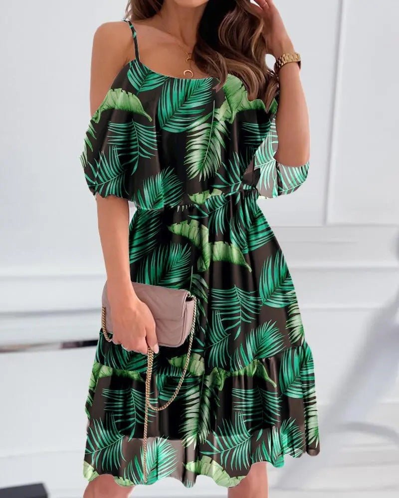Flower Printed Ruffled Suspender Dress Summer Off - the - shoulder Strap Dresses Women - PratSN