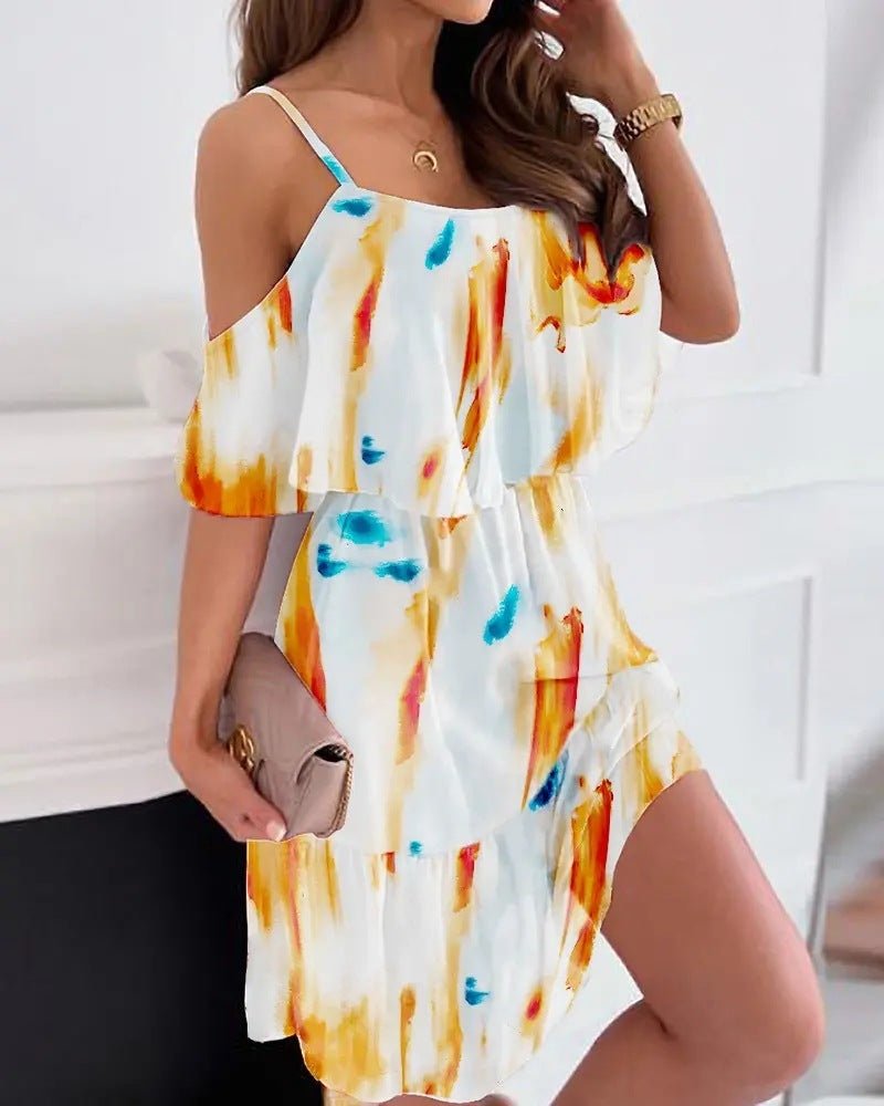 Flower Printed Ruffled Suspender Dress Summer Off - the - shoulder Strap Dresses Women - PratSN
