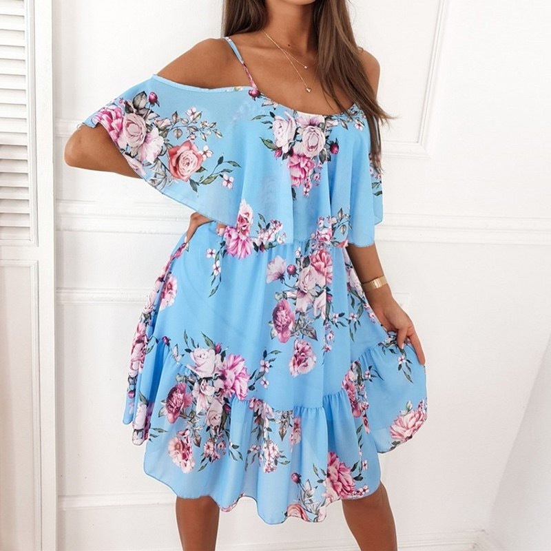 Flower Printed Ruffled Suspender Dress Summer Off - the - shoulder Strap Dresses Women - PratSN