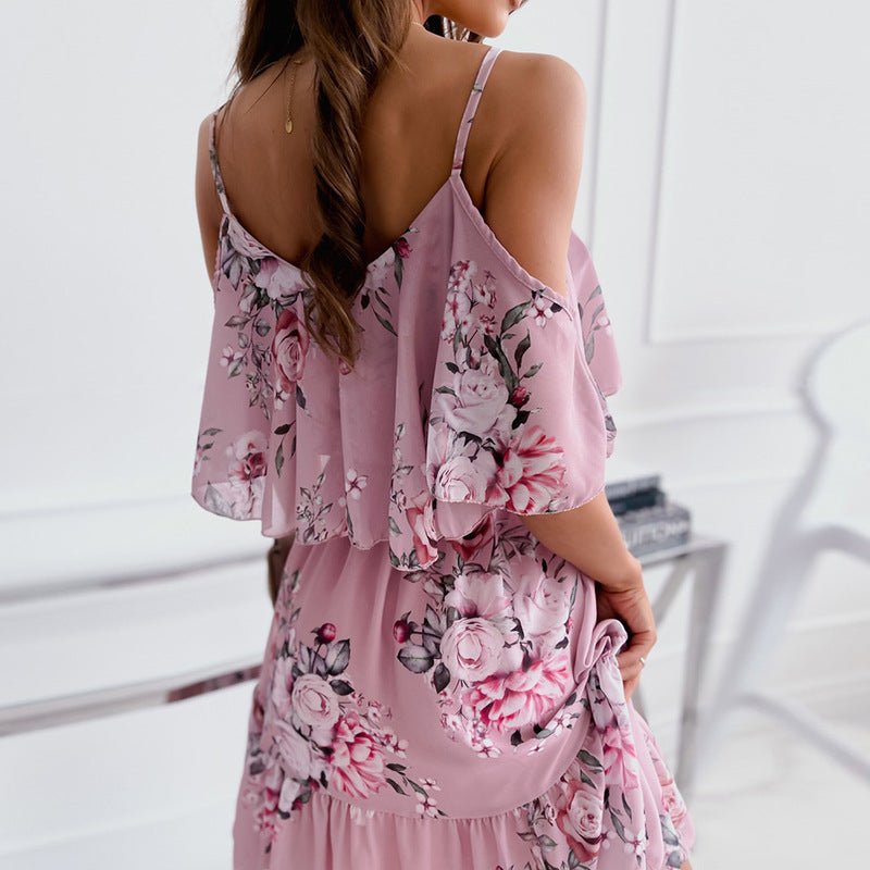 Flower Printed Ruffled Suspender Dress Summer Off - the - shoulder Strap Dresses Women - PratSN