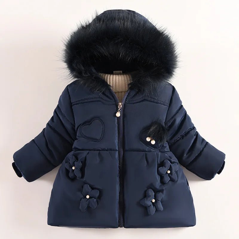 Flowers Autumn Winter Girls Jacket Fur Collar Keep Warm Little Princess Coat Hooded Zipper Baby Outerwear 1 - 5 Years Kids Clothes - PratSN