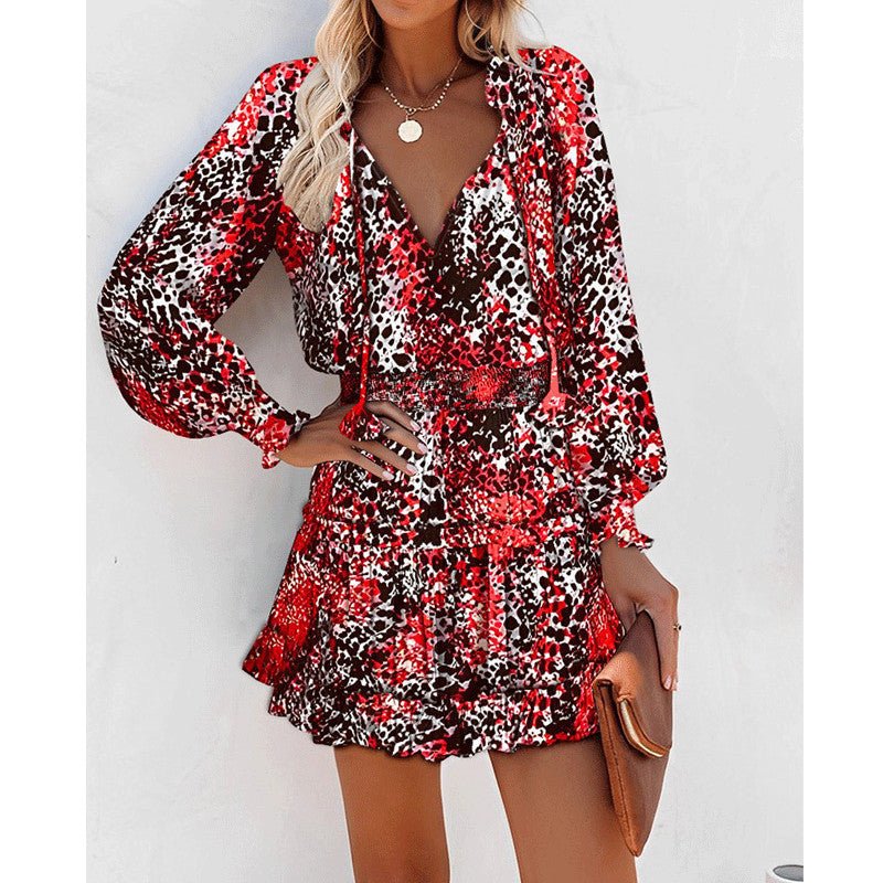 Flowers Print Long Sleeve Dress Fashion Patchwork Puff Sleeve Waist Dresses Womens Clothing - PratSN