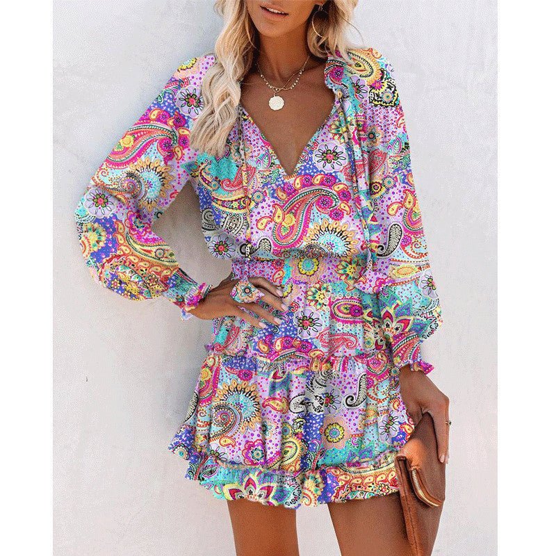 Flowers Print Long Sleeve Dress Fashion Patchwork Puff Sleeve Waist Dresses Womens Clothing - PratSN