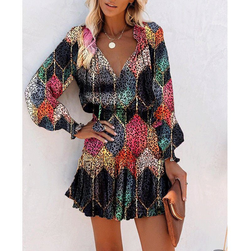Flowers Print Long Sleeve Dress Fashion Patchwork Puff Sleeve Waist Dresses Womens Clothing - PratSN