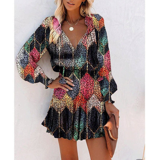 Flowers Print Long Sleeve Dress Fashion Patchwork Puff Sleeve Waist Dresses Womens Clothing - PratSN