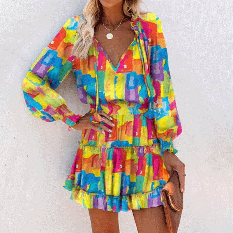 Flowers Print Long Sleeve Dress Fashion Patchwork Puff Sleeve Waist Dresses Womens Clothing - PratSN
