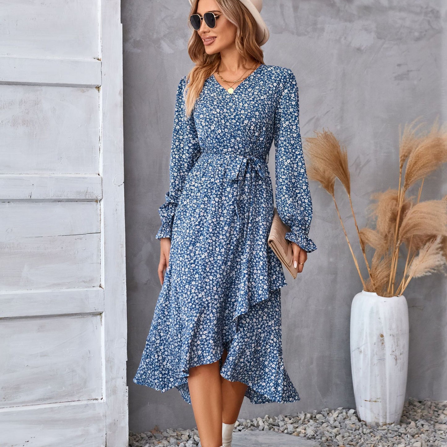 Flowers Print Long Sleeve Dress Fashion Ruffled Commuter Temperament Dresses Womens Clothing - PratSN
