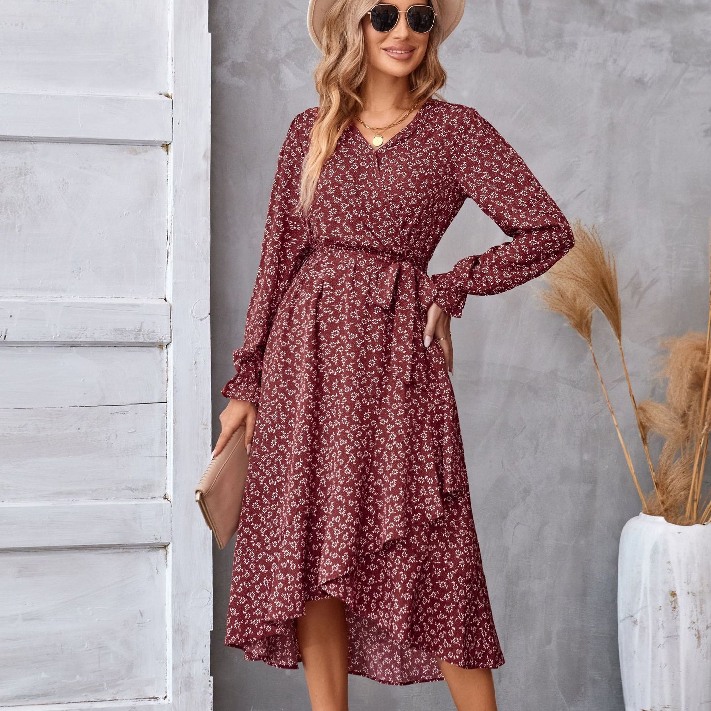 Flowers Print Long Sleeve Dress Fashion Ruffled Commuter Temperament Dresses Womens Clothing - PratSN