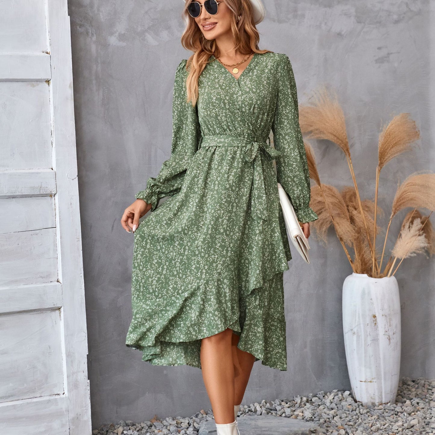 Flowers Print Long Sleeve Dress Fashion Ruffled Commuter Temperament Dresses Womens Clothing - PratSN