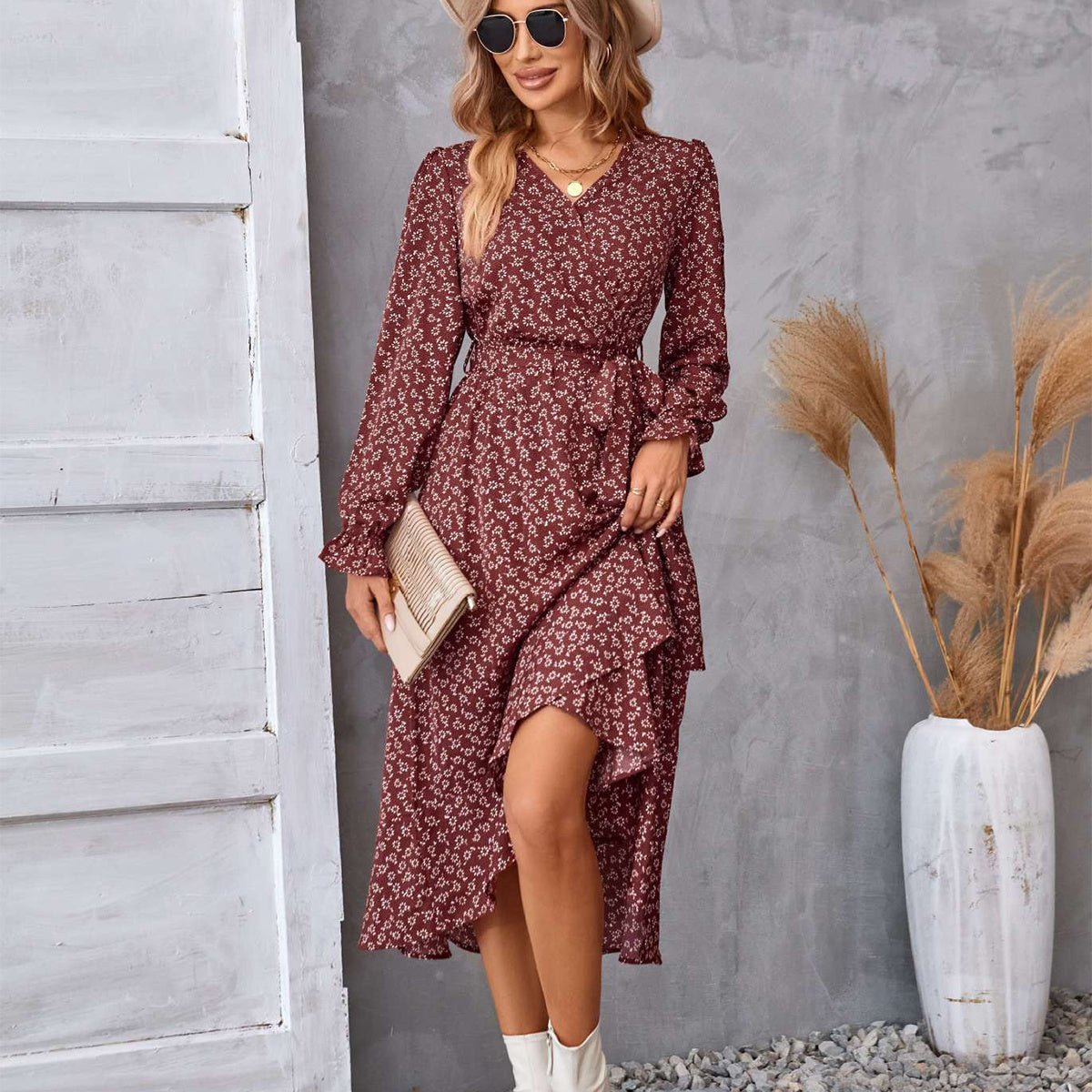 Flowers Print Long Sleeve Dress Fashion Ruffled Commuter Temperament Dresses Womens Clothing - PratSN