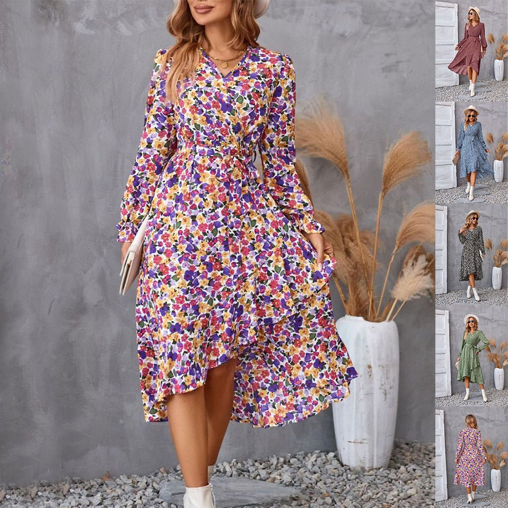 Flowers Print Long Sleeve Dress Fashion Ruffled Commuter Temperament Dresses Womens Clothing - PratSN