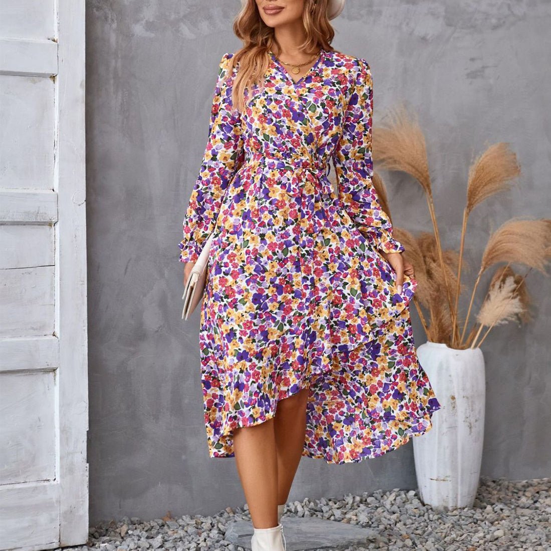 Flowers Print Long Sleeve Dress Fashion Ruffled Commuter Temperament Dresses Womens Clothing - PratSN