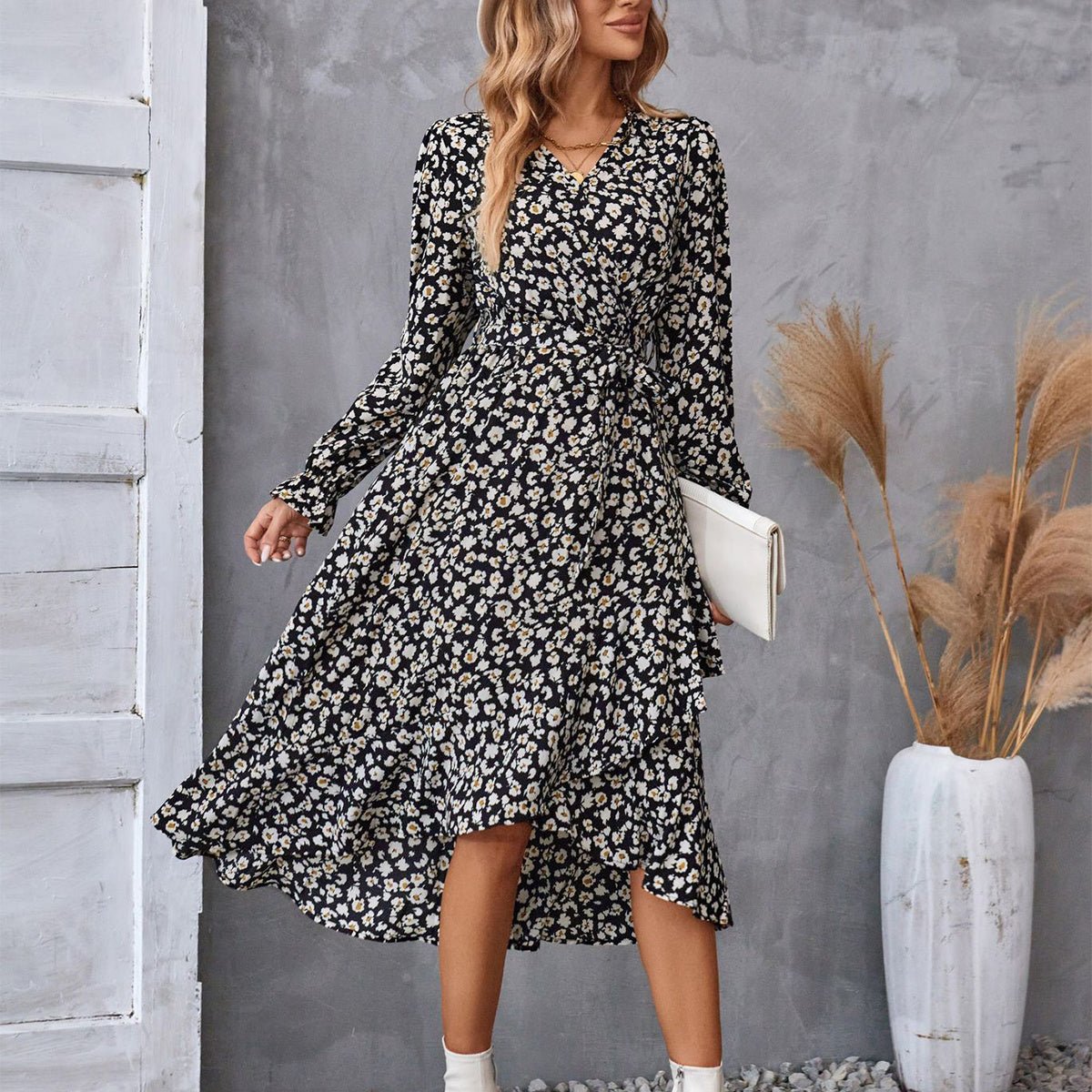 Flowers Print Long Sleeve Dress Fashion Ruffled Commuter Temperament Dresses Womens Clothing - PratSN