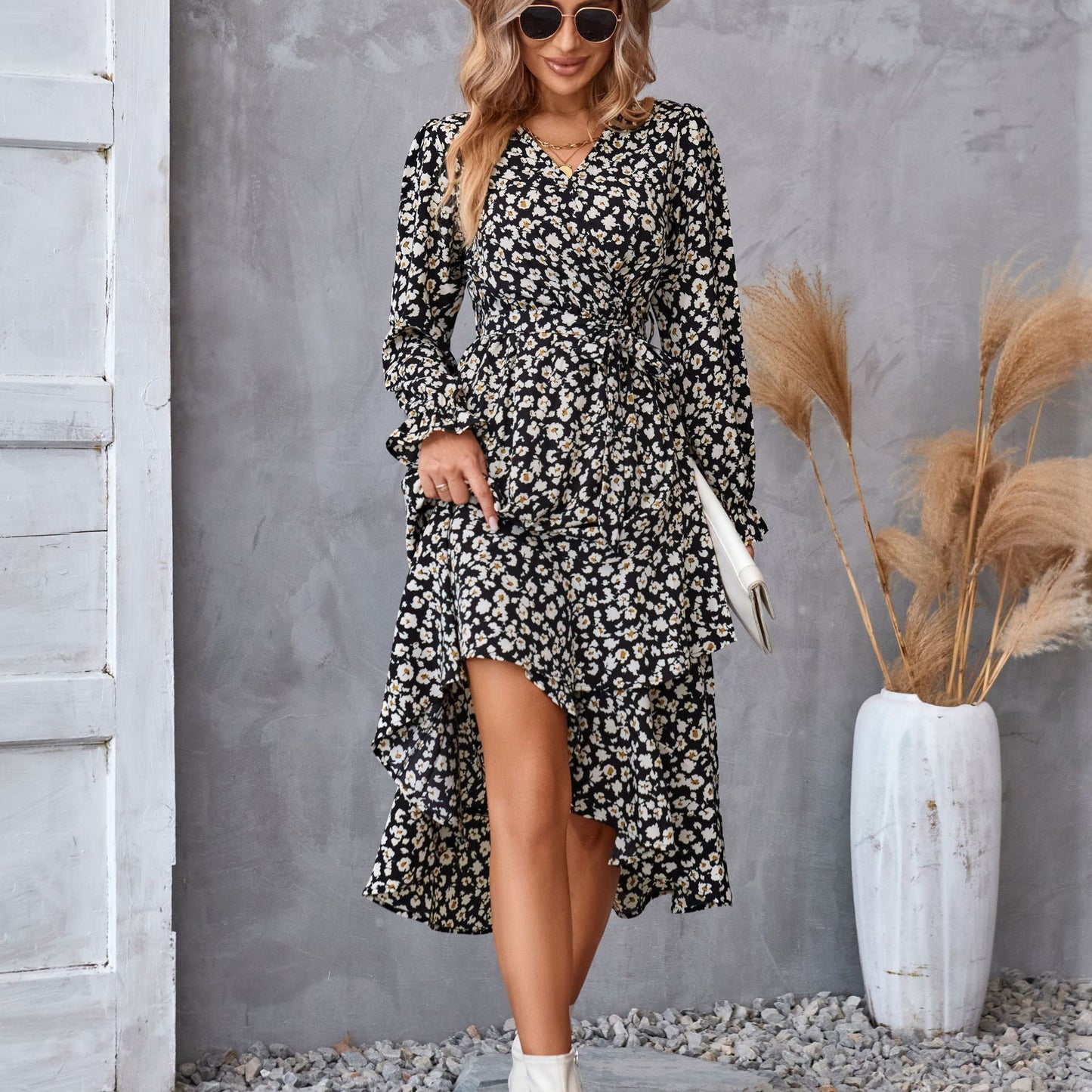 Flowers Print Long Sleeve Dress Fashion Ruffled Commuter Temperament Dresses Womens Clothing - PratSN