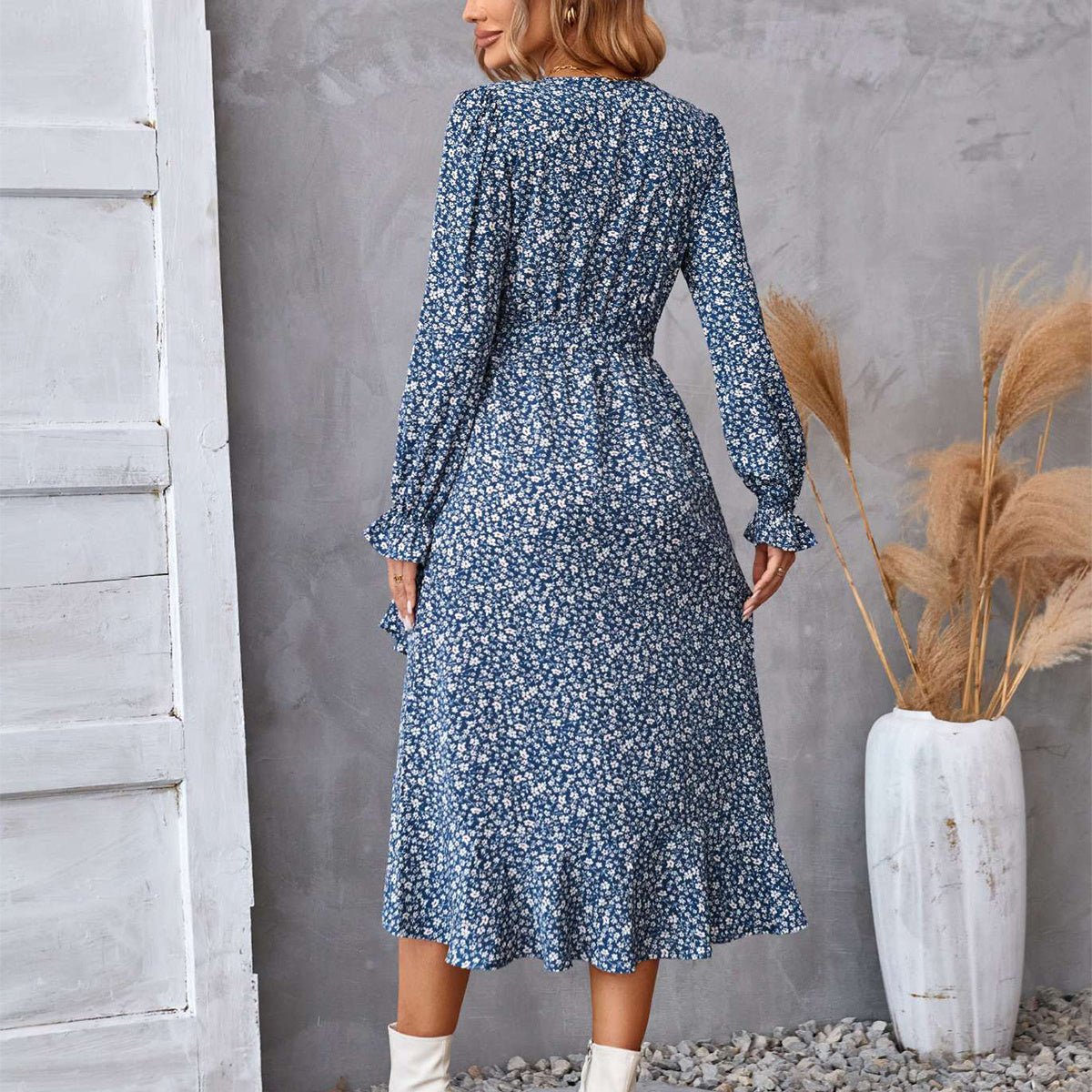 Flowers Print Long Sleeve Dress Fashion Ruffled Commuter Temperament Dresses Womens Clothing - PratSN