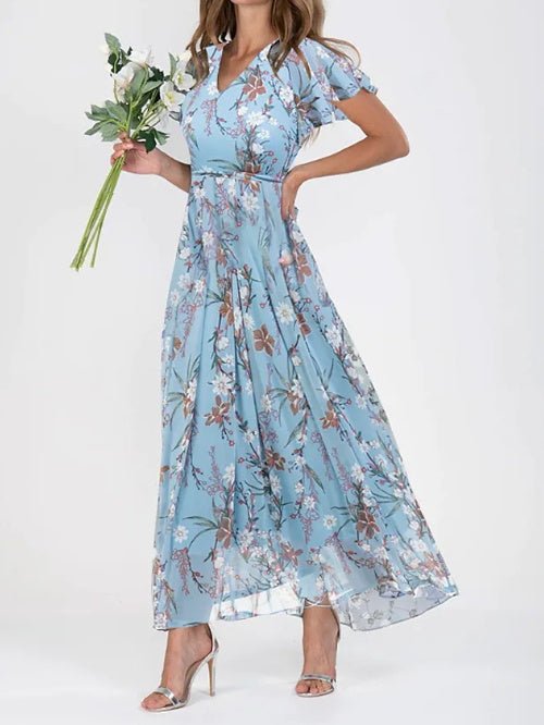 Flowers Print Short Sleeve Dress Summer Fashion Ruffle Beach Dresses Women's Clothing - PratSN