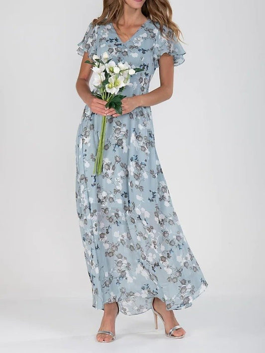 Flowers Print Short Sleeve Dress Summer Fashion Ruffle Beach Dresses Women's Clothing - PratSN