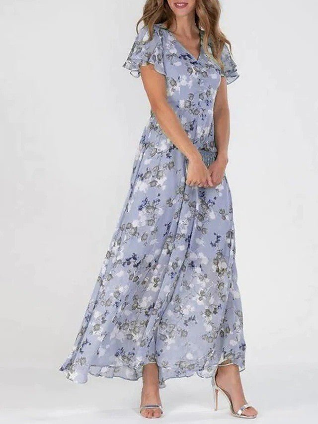 Flowers Print Short Sleeve Dress Summer Fashion Ruffle Beach Dresses Women's Clothing - PratSN