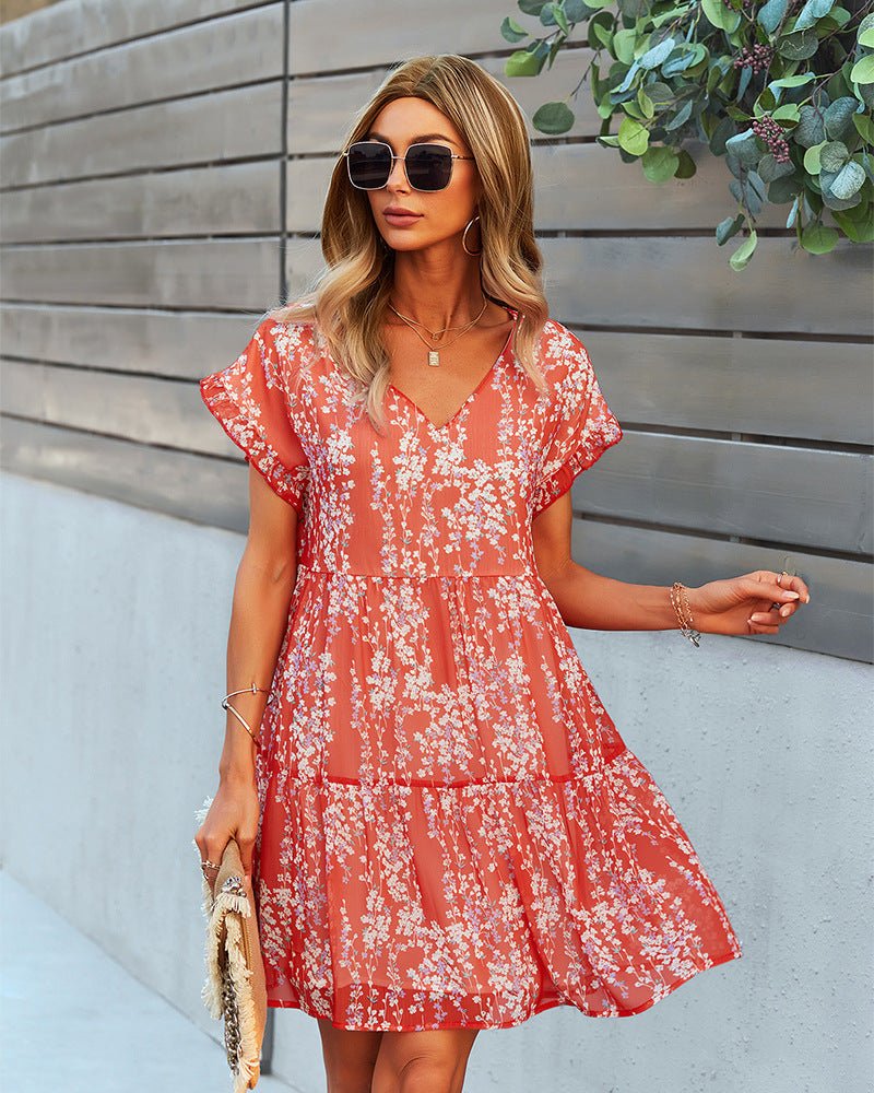 Flowers Print Short - sleeved Dress Summer Loose Chiffon A - line Dresses Fashion Casual Holiday Beach Dress For Womens Clothing - PratSN