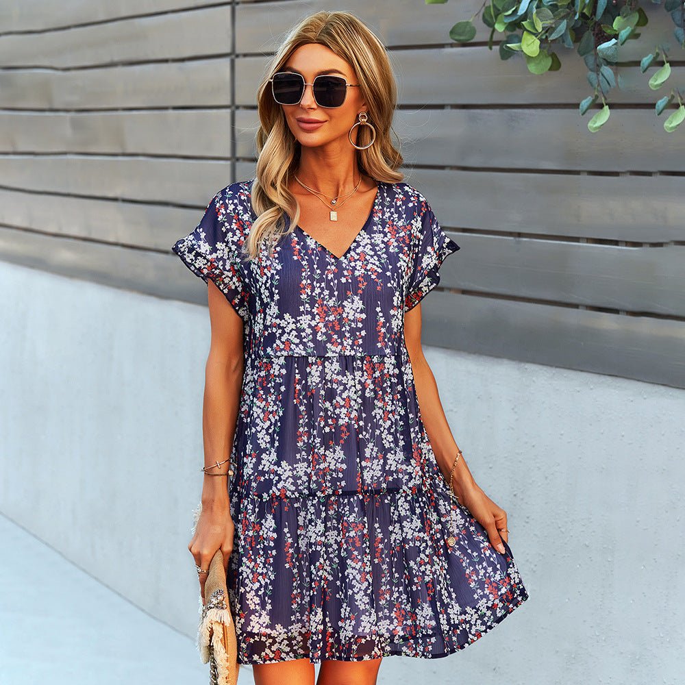 Flowers Print Short - sleeved Dress Summer Loose Chiffon A - line Dresses Fashion Casual Holiday Beach Dress For Womens Clothing - PratSN