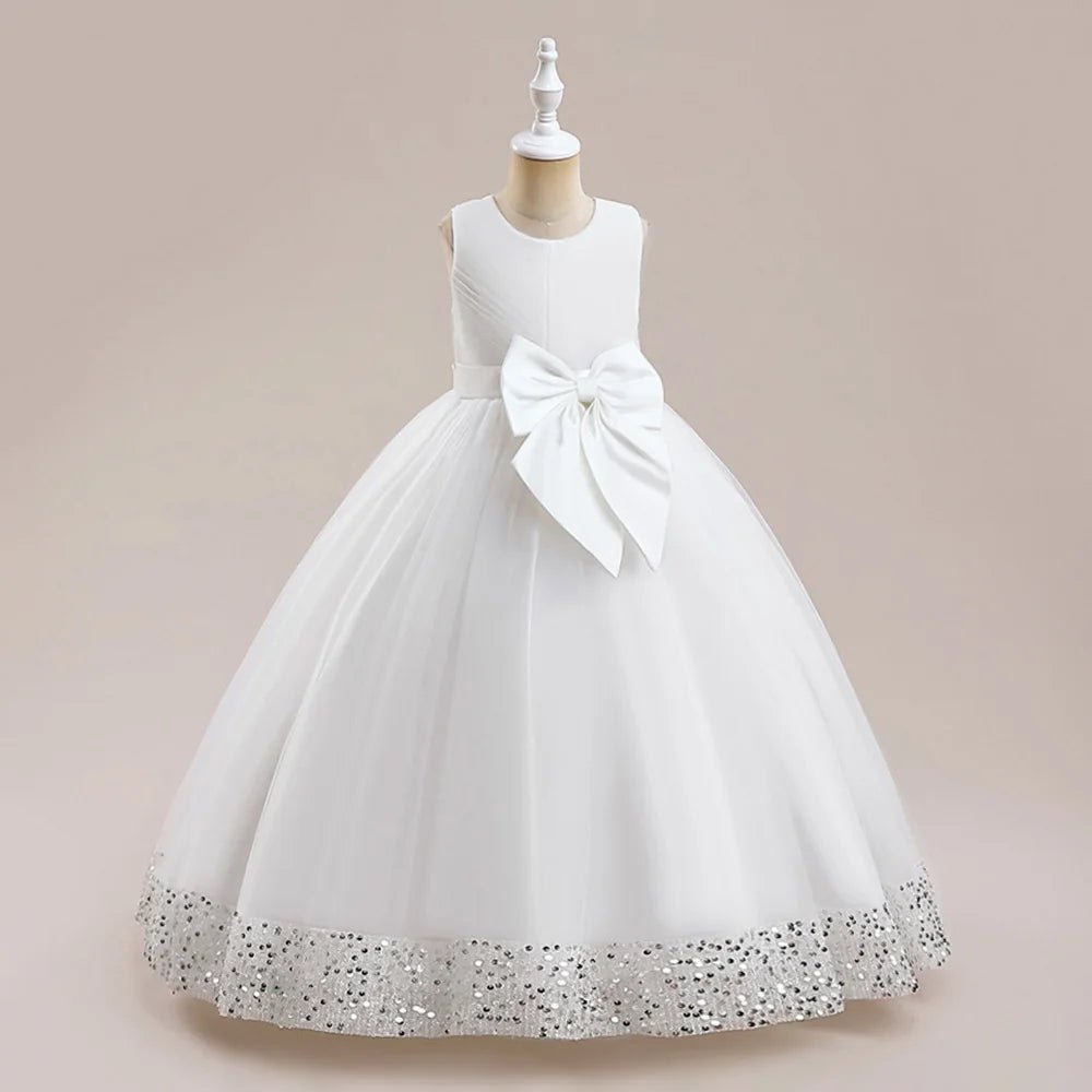 Fluffy Sequin Bridemaid Princess Girls Dress Elegant Big Bow Pink Wedding Prom Evening Kids Party Dresses for Girl Birthday Gown - PratSN
