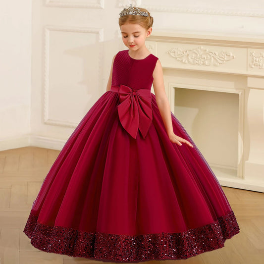 Fluffy Sequin Bridemaid Princess Girls Dress Elegant Big Bow Pink Wedding Prom Evening Kids Party Dresses for Girl Birthday Gown - PratSN