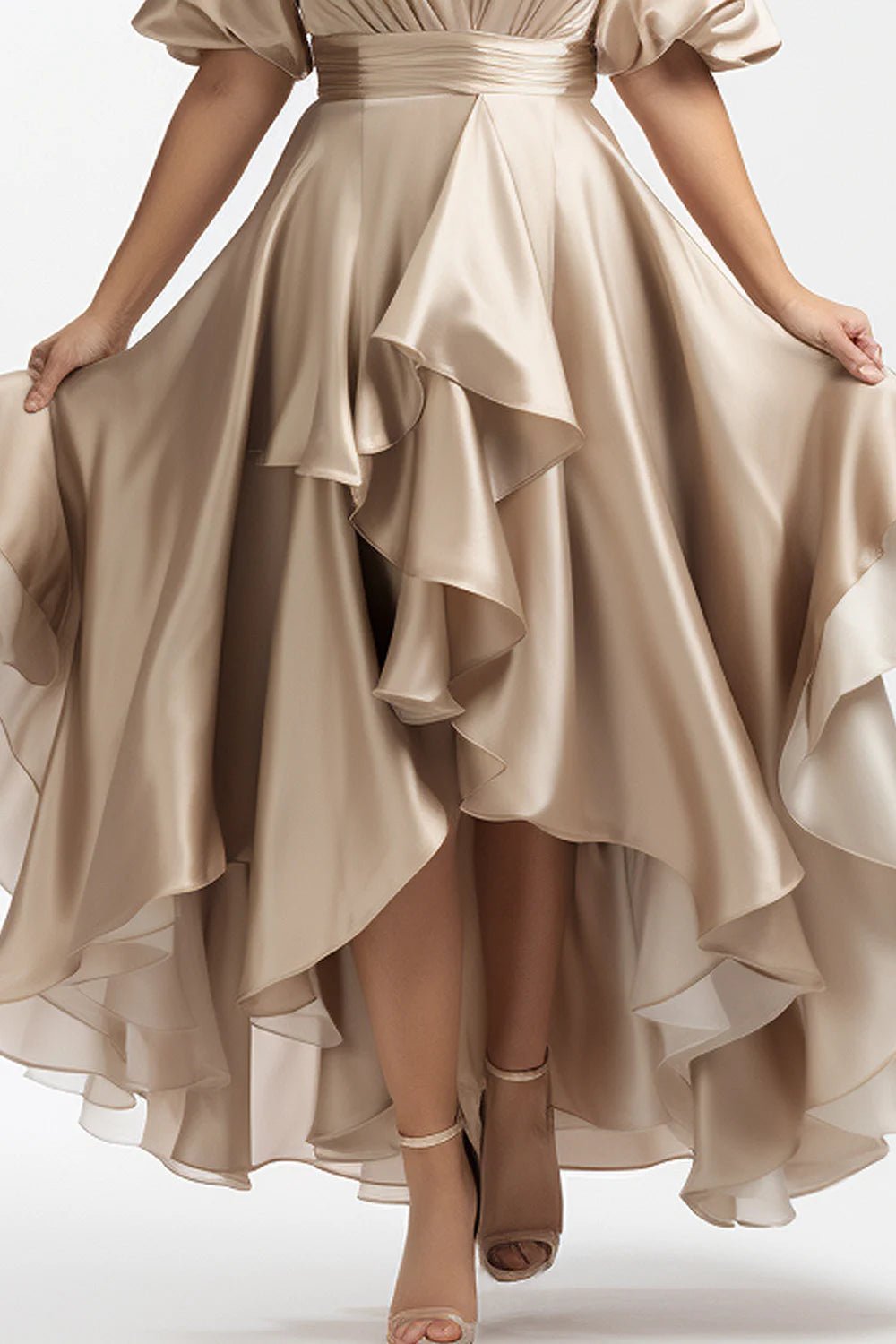 Flycurvy Plus Size Wedding Guest Champagne Satin Puff Sleeve High Low Hem Maxi Dress - PratSN