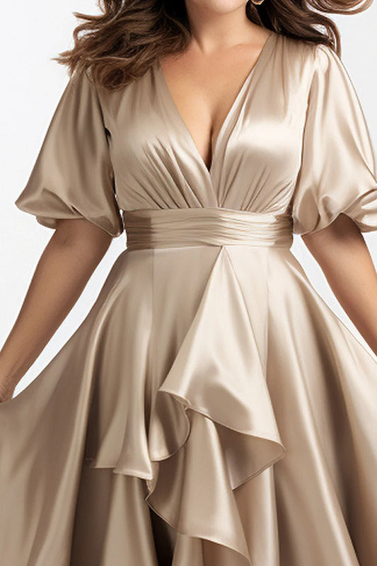 Flycurvy Plus Size Wedding Guest Champagne Satin Puff Sleeve High Low Hem Maxi Dress - PratSN