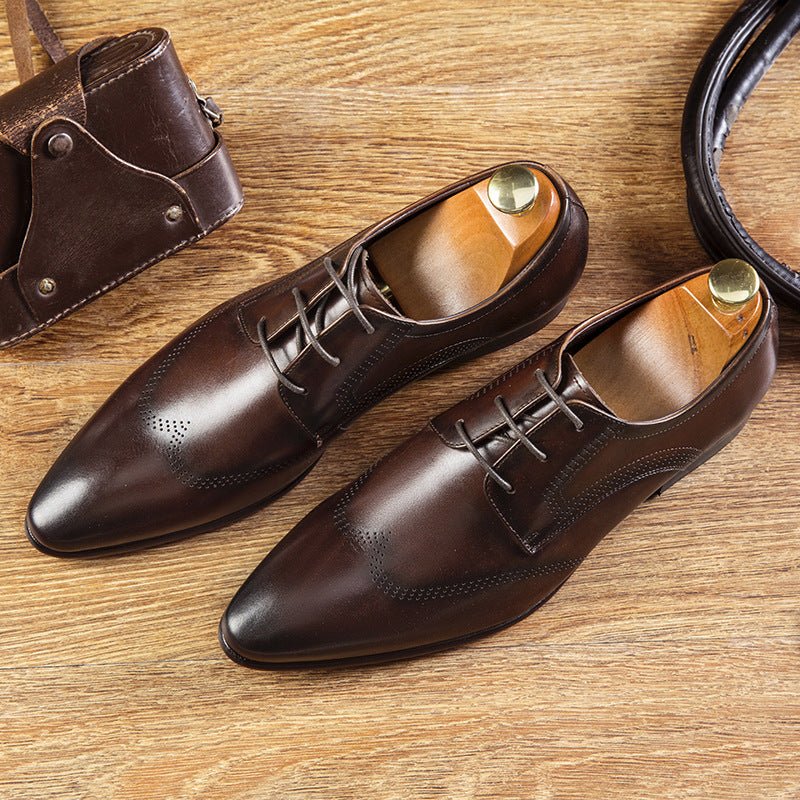 Formal Shoes Summer Pointed Brown Brooch Carved Male Wedding Shoes Lace - up Derby Shoes - PratSN
