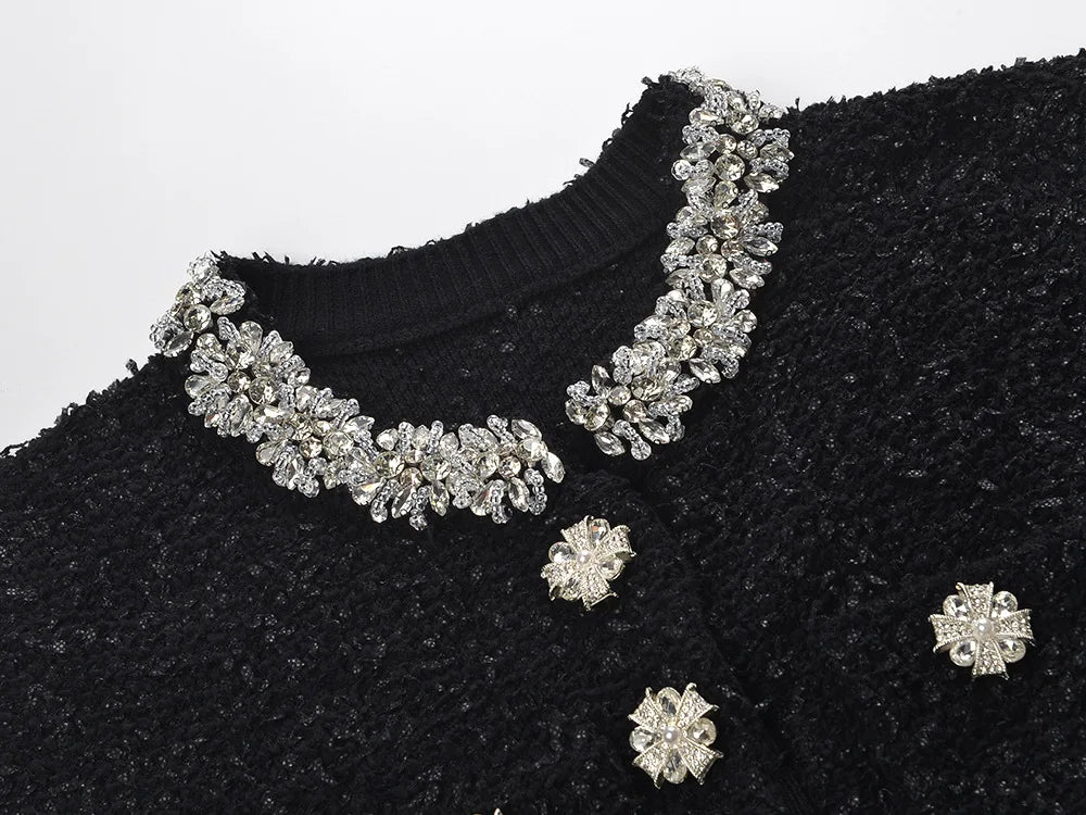 French Style Luxury Rhinestone O - neck 2025 Lady Short Sleeve Wear Women Slim Fitted Knit Mini Dress - PratSN