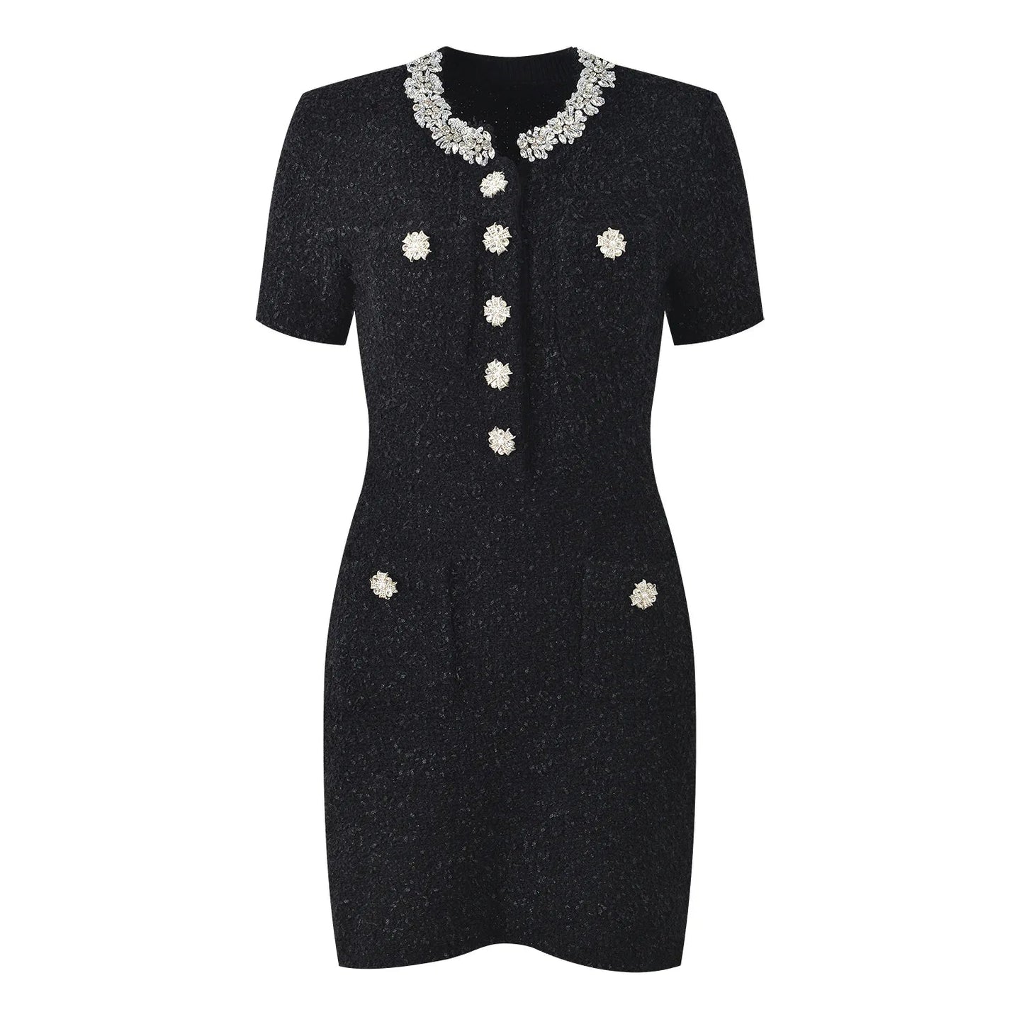 French Style Luxury Rhinestone O - neck 2025 Lady Short Sleeve Wear Women Slim Fitted Knit Mini Dress - PratSN