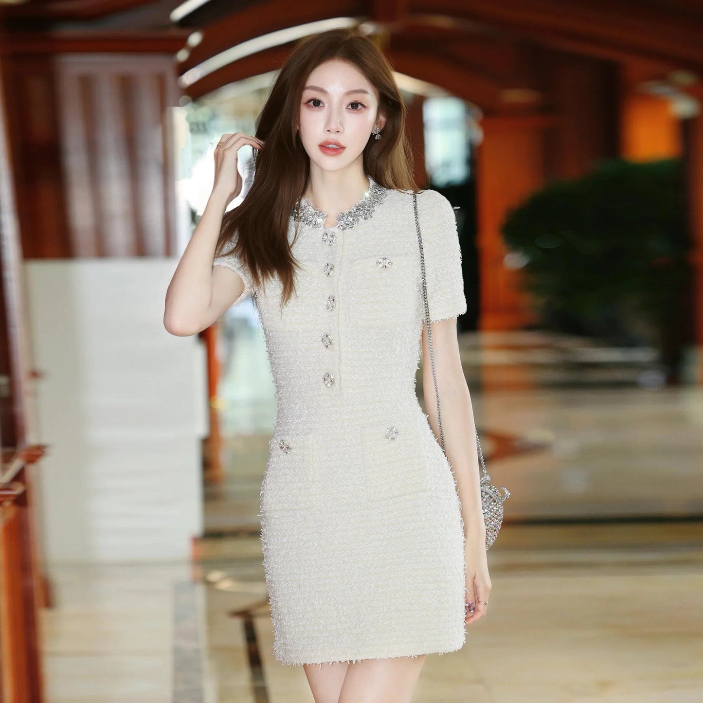 French Style Luxury Rhinestone O - neck 2025 Lady Short Sleeve Wear Women Slim Fitted Knit Mini Dress - PratSN