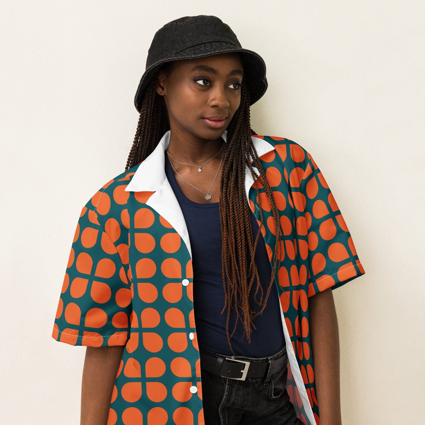 Geometric Pattern Unisex Button Shirt in Orange and Sherpa Blue - PratSN