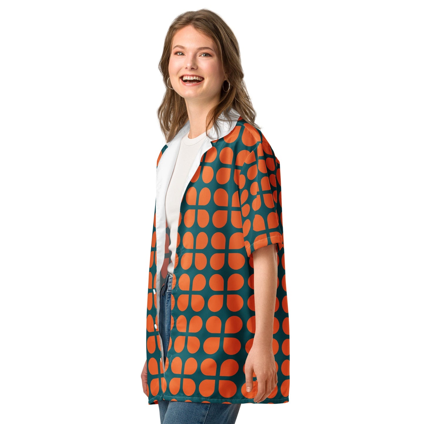 Geometric Pattern Unisex Button Shirt in Orange and Sherpa Blue - PratSN