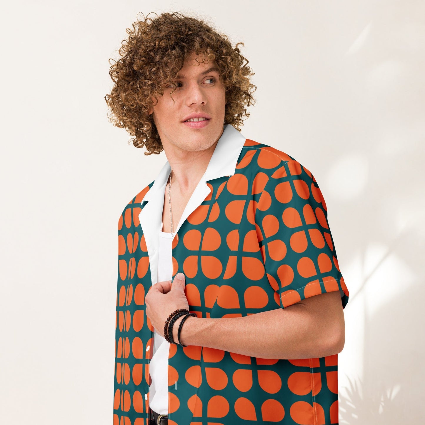 Geometric Pattern Unisex Button Shirt in Orange and Sherpa Blue - PratSN