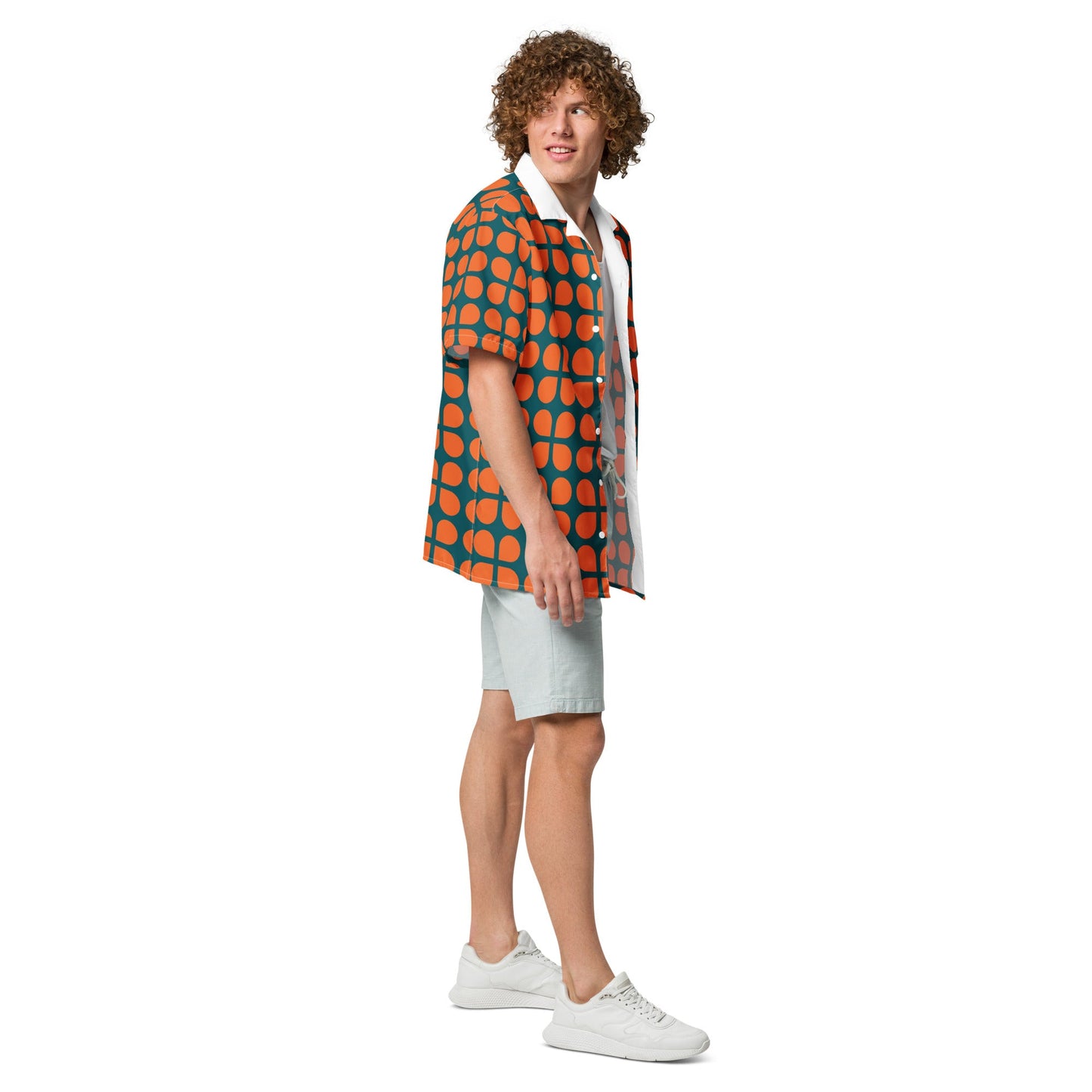 Geometric Pattern Unisex Button Shirt in Orange and Sherpa Blue - PratSN