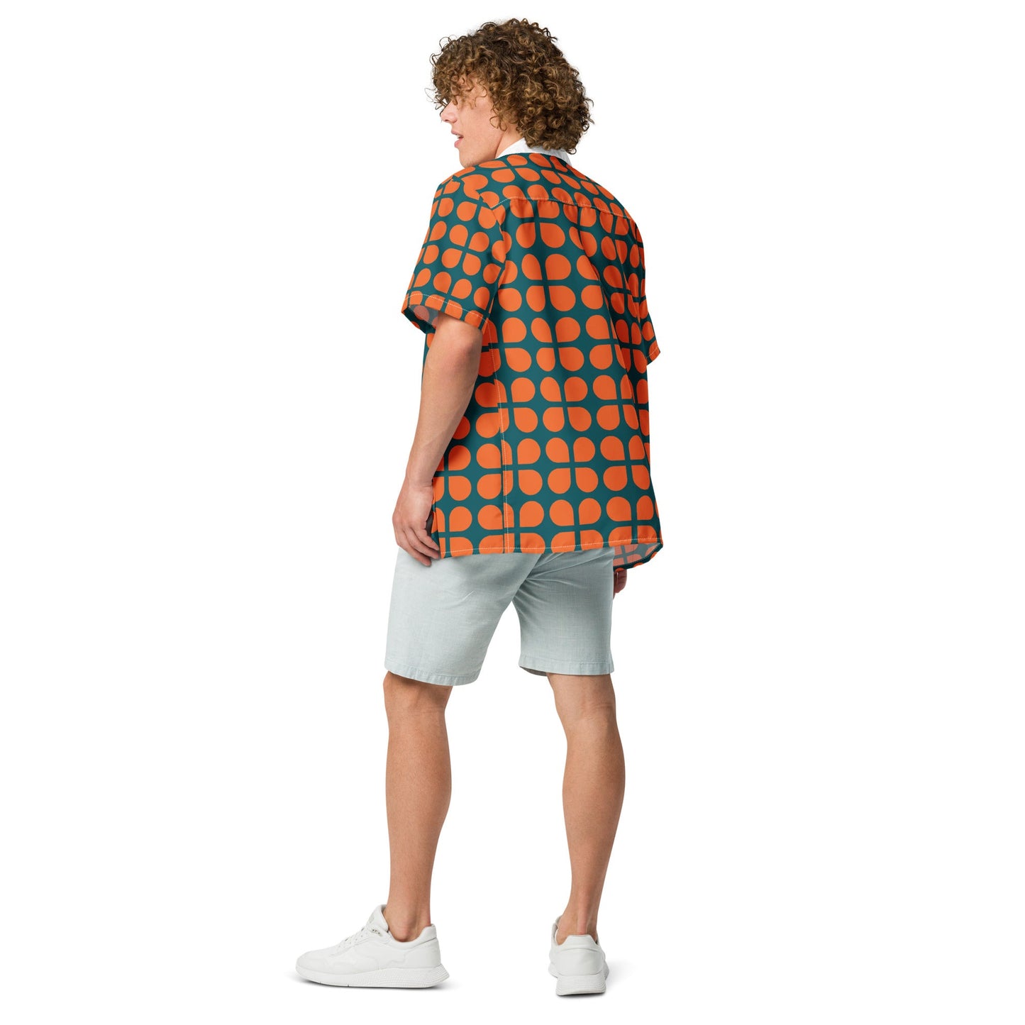 Geometric Pattern Unisex Button Shirt in Orange and Sherpa Blue - PratSN