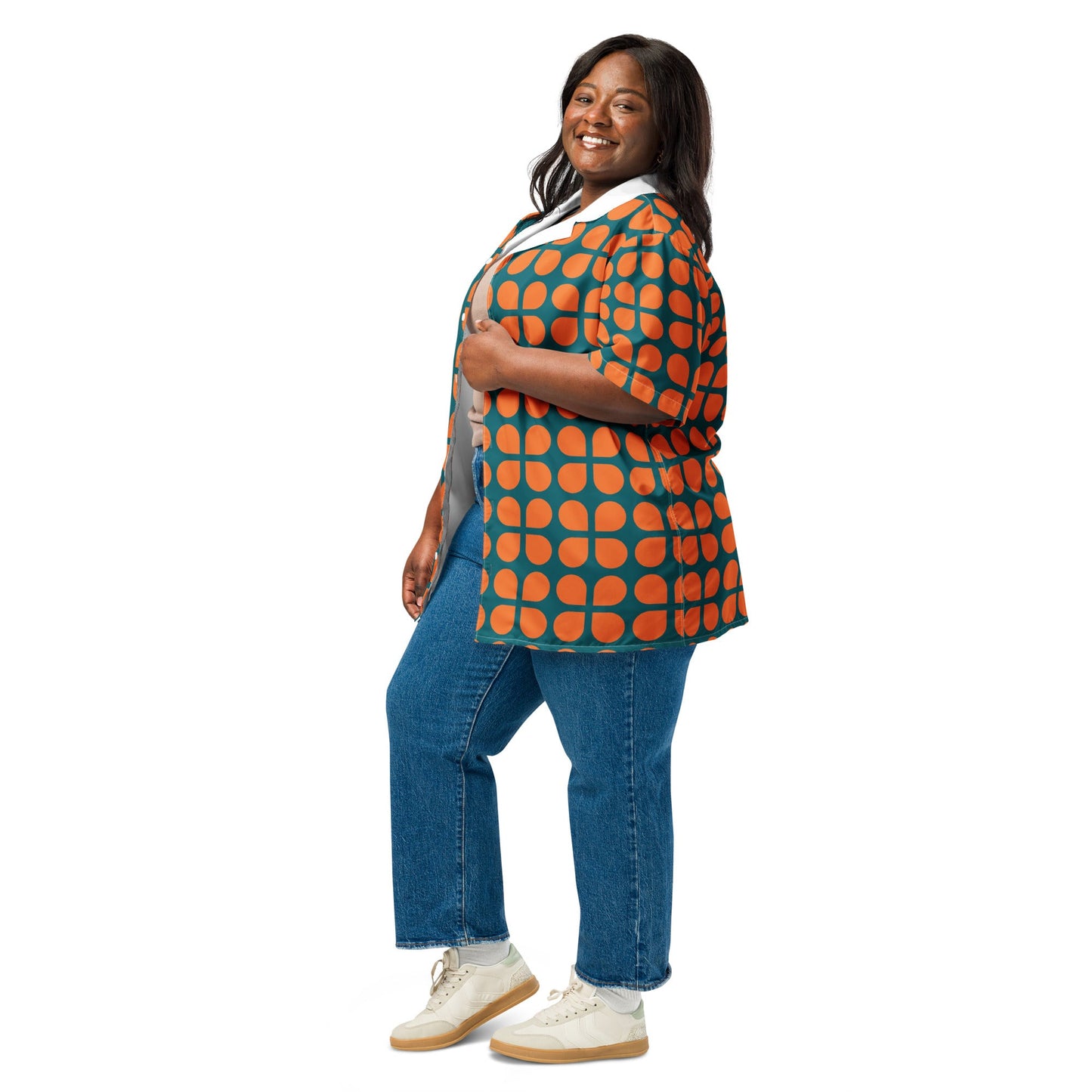 Geometric Pattern Unisex Button Shirt in Orange and Sherpa Blue - PratSN