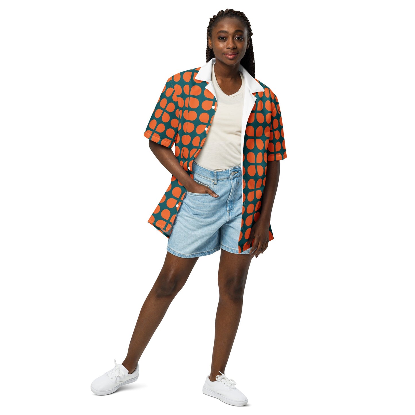 Geometric Pattern Unisex Button Shirt in Orange and Sherpa Blue - PratSN