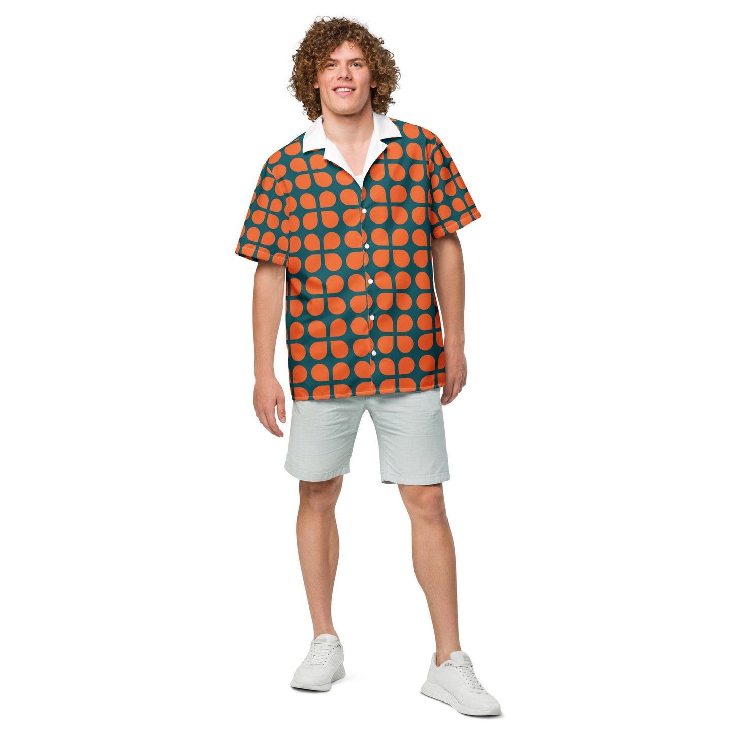 Geometric Pattern Unisex Button Shirt in Orange and Sherpa Blue - PratSN