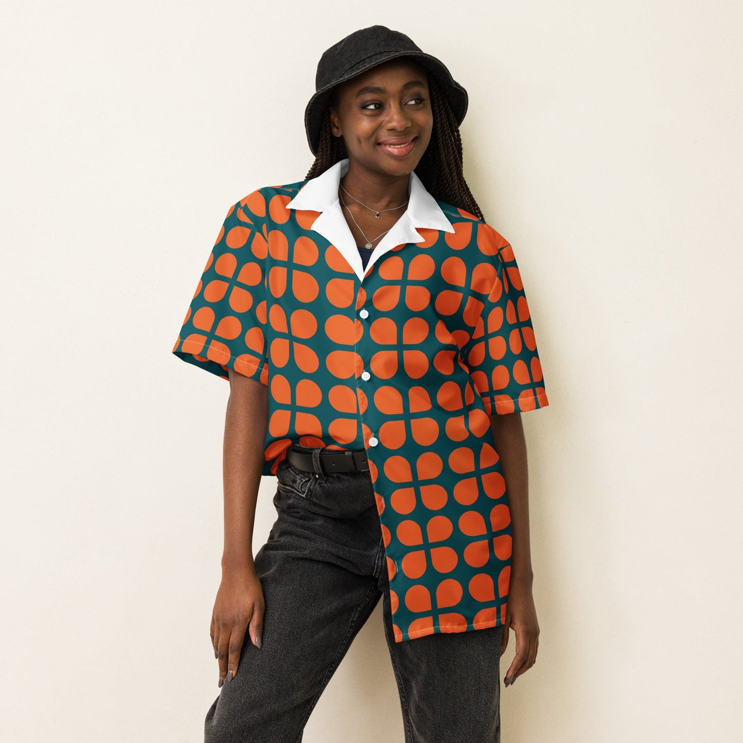 Geometric Pattern Unisex Button Shirt in Orange and Sherpa Blue - PratSN
