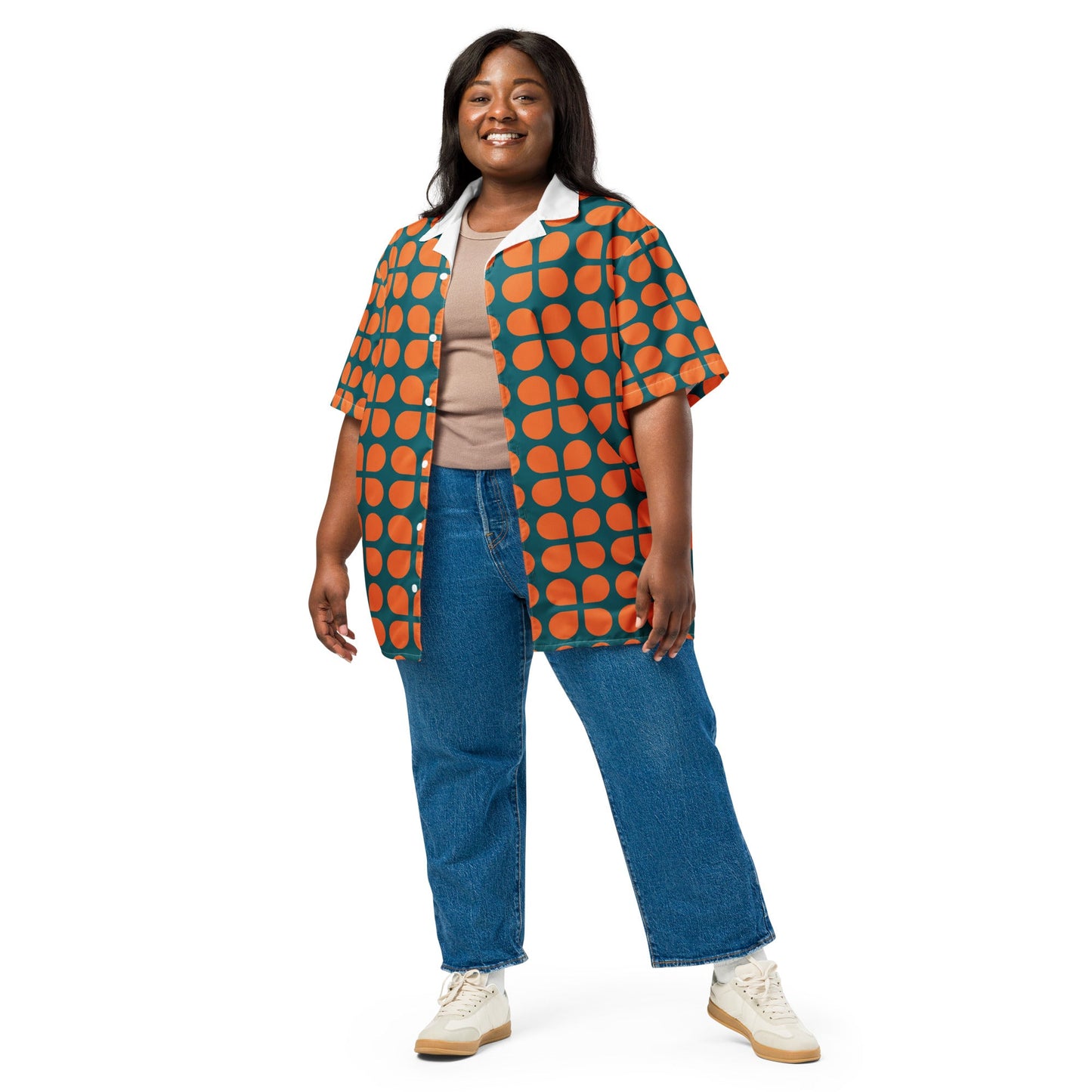 Geometric Pattern Unisex Button Shirt in Orange and Sherpa Blue - PratSN