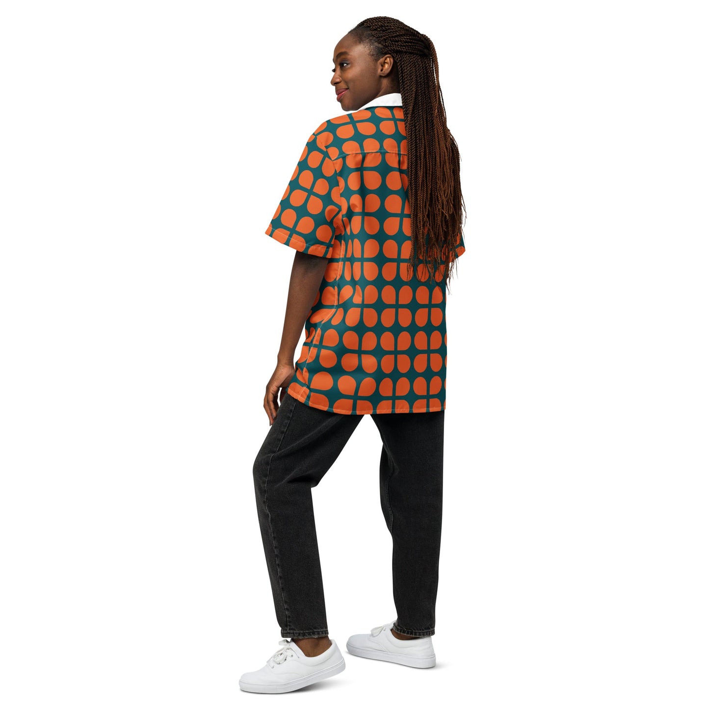 Geometric Pattern Unisex Button Shirt in Orange and Sherpa Blue - PratSN