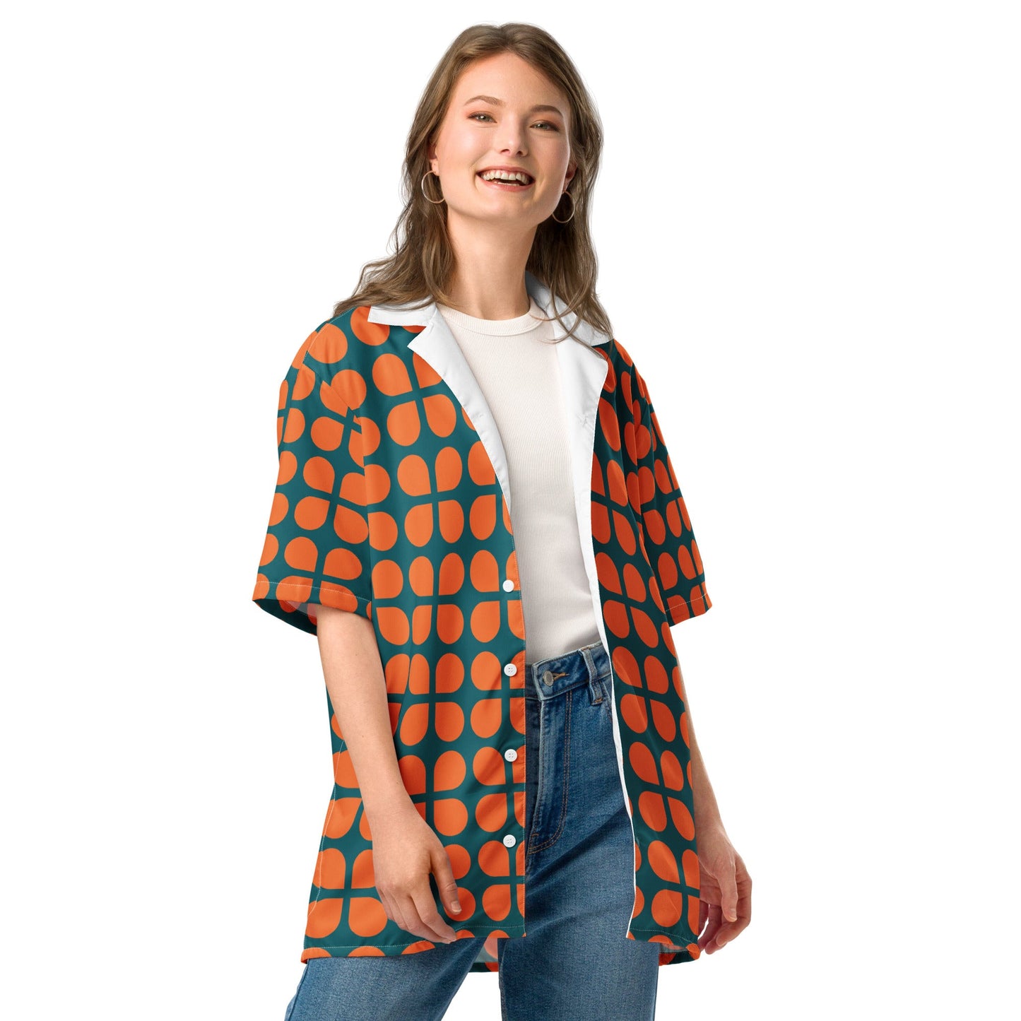 Geometric Pattern Unisex Button Shirt in Orange and Sherpa Blue - PratSN